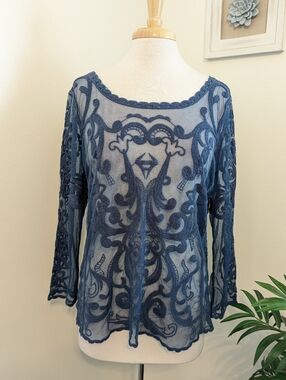 Express Blue Sheer Embroidered Long Sleeve Top Large